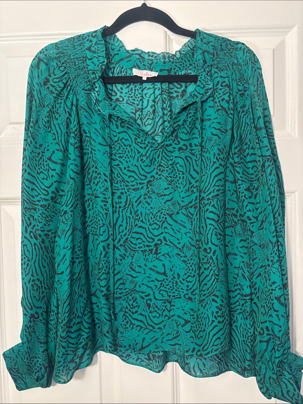Parker Teal and Black Animal-Print Peasant Blouse